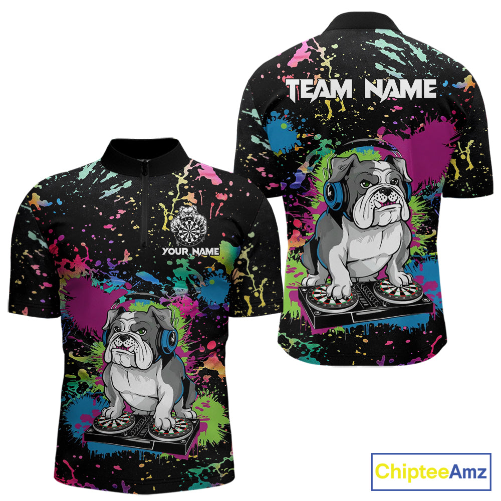 Colorful Paint Funny Dj Music Bulldog Custom Men Darts Quarter-Zip Shirts Dart League Jerseys NYN2257