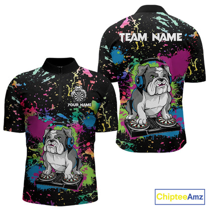 Colorful Paint Funny Dj Music Bulldog Custom Men Darts Quarter-Zip Shirts Dart League Jerseys NYN2257