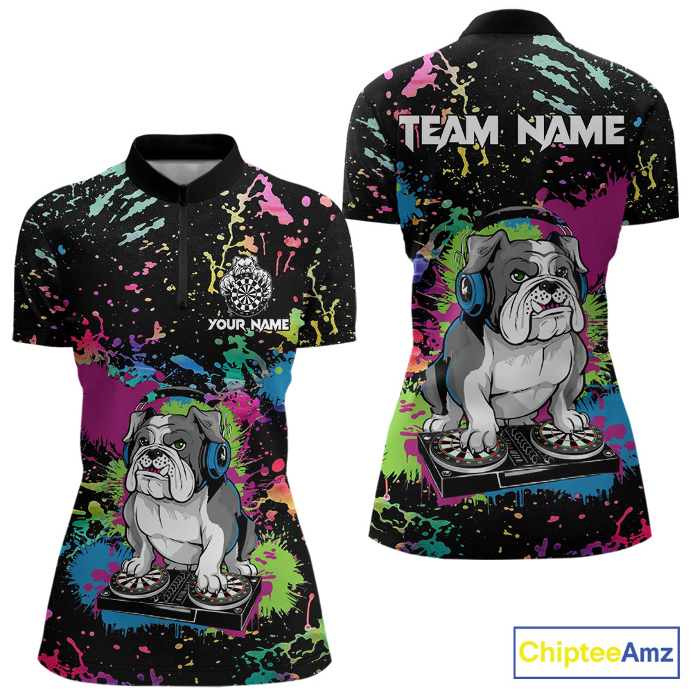 Colorful Paint Funny Dj Music Bulldog Custom Women Darts Quarter-Zip Shirts Dart League Jerseys NYN2257