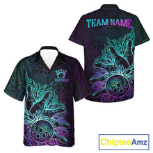 Load image into Gallery viewer, Blue and Purple Tribal Pattern bowling Hawaiian shirt featuring tribal artwork, custom bowling button-up shirt, tropical aloha apparel, personalized league bowling uniform, lightweight summer vacation team shirt
