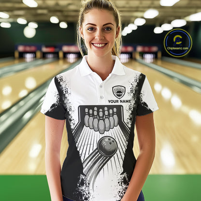 White And Grunge Black Bowling Jerseys For Women Custom Bowling Polo 1/4-Zip Shirt, Gift For Bowlers NYN3127