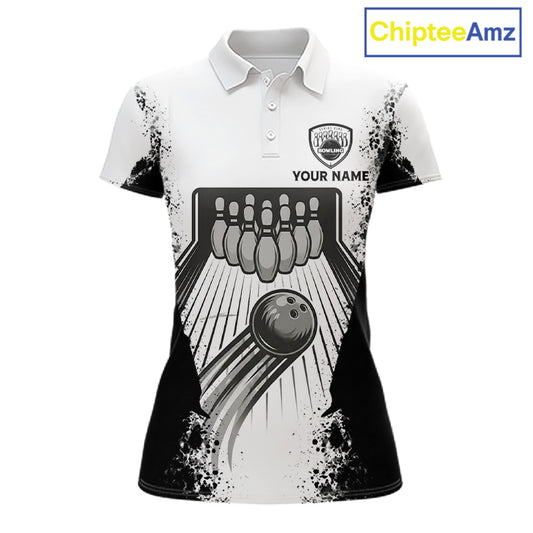 White And Grunge Black Bowling Jerseys For Women Custom Bowling Polo 1/4-Zip Shirt, Gift For Bowlers NYN3127