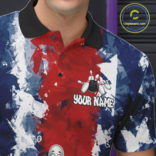 Load image into Gallery viewer, Male bowler wearing funny raccoon bowling ball and pins jersey, custom bowling shirt, bowling league apparel, personalized bowling clothing