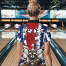 Load image into Gallery viewer, Female bowler wearing funny raccoon bowling ball and pins jersey, custom bowling shirt, bowling league apparel, personalized bowling clothing