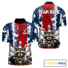 Load image into Gallery viewer, Funny raccoon bowling ball and pins men's bowling quarter-zip shirt, custom bowling jersey, red blue bowling team apparel, tournament bowling uniform