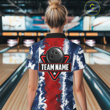 Load image into Gallery viewer, Female bowler wearing American flag bowling jersey, patriotic bowling apparel, custom bowling team shirt, bowling tournament outfit