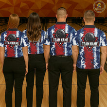 Load image into Gallery viewer, Men women bowling team wearing matching American flag bowling jerseys, patriotic bowling uniforms, custom bowling league apparel