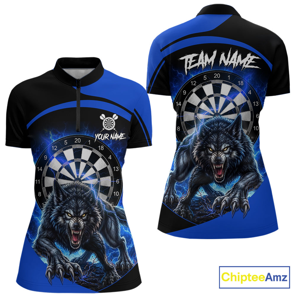 Thunder lightning horror wolf women's quarter-zip dart shirt, custom wolf dart jersey, personalized darts team apparel, blue lightning dart uniform