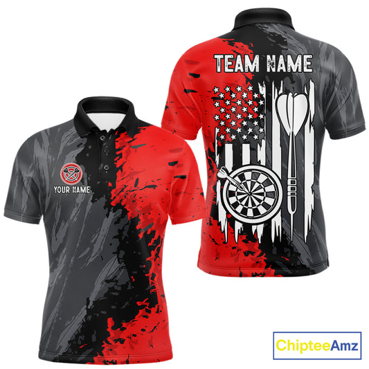 Custom Splatter Red & Grey Men's Darts Polo Shirt, American Flag Patriot Team Jersey, Personalized Dart Tournament Apparel, Athletic Performance Polo, USA Pride, Freedom, Strength, Team Competition