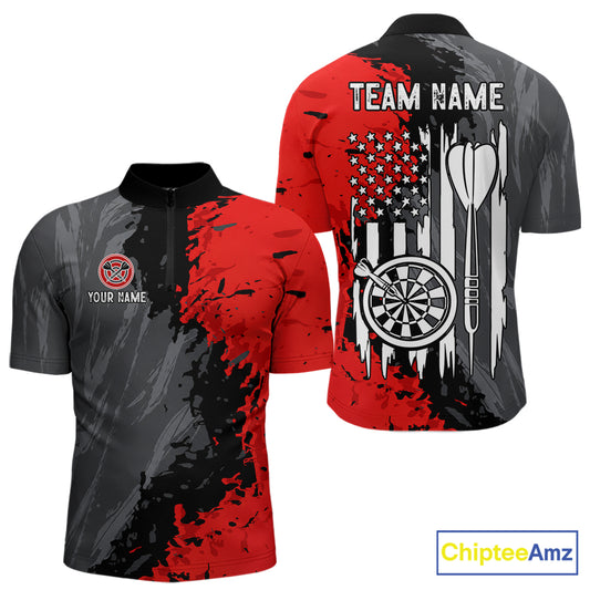 Custom Splatter Red & Grey Men's Quarter-Zip Darts Shirt, Personalized Patriot Dart League Jersey, Athletic Tournament Apparel, American Flag Performance Uniform, Strength, Leadership & Championship Mindset