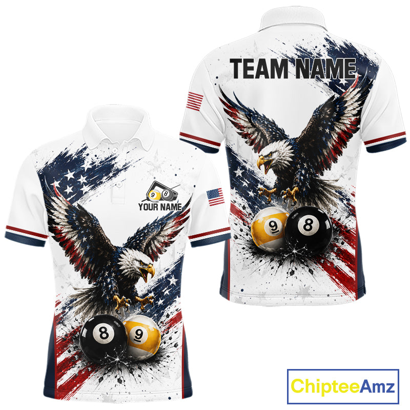 Custom Vintage Eagle 8 Ball & 9 Ball Men's Billiard Polo Shirt, American Flag Retro Team Jersey, Patriotic Pool League Performance Apparel