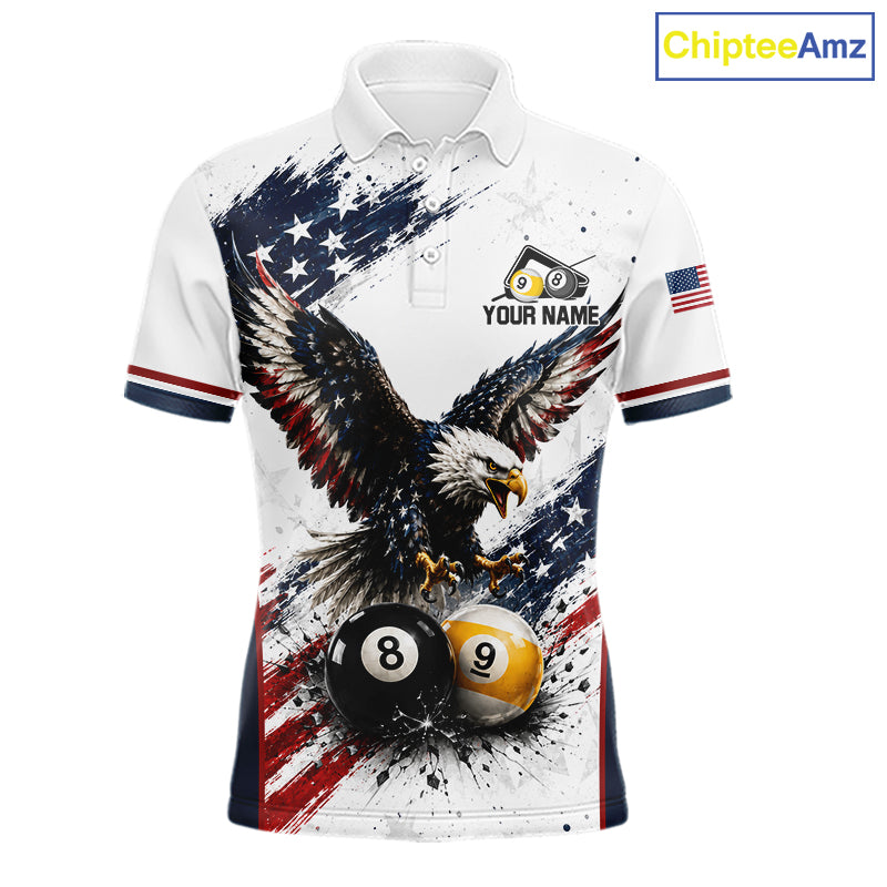 Custom Vintage Eagle 8 Ball & 9 Ball Men's Billiard Polo Shirt, American Flag Retro Team Jersey, Patriotic Pool League Performance Apparel