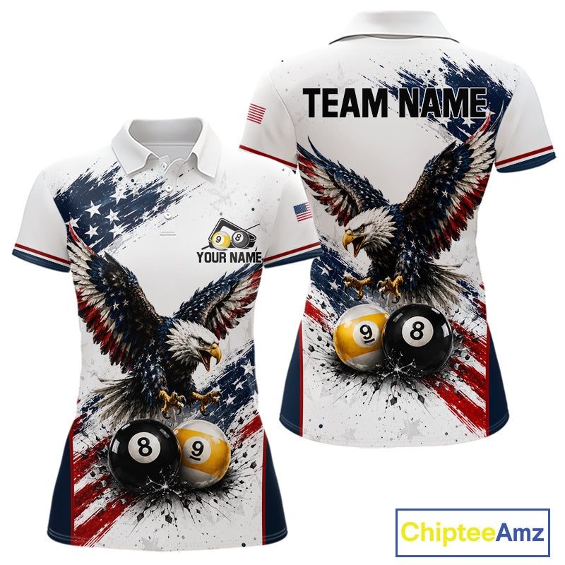 Custom Vintage Eagle 8 Ball & 9 Ball Women's Billiard Polo Shirt, American Flag Retro Pool Team Jersey, Personalized Patriotic Cue Sports Apparel, Freedom, Leadership & Victory