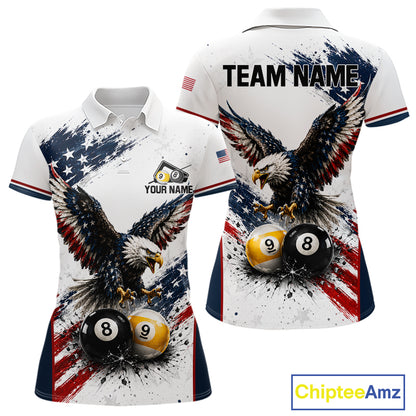 Custom Vintage Eagle 8 Ball & 9 Ball Women's Billiard Polo Shirt, American Flag Retro Pool Team Jersey, Personalized Patriotic Cue Sports Apparel, Freedom, Leadership & Victory