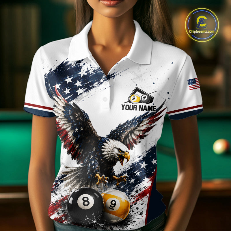 Female model wearing Vintage Eagle American Flag billiard polo shirt during pool tournament, personalized patriotic cue sports apparel, confidence, freedom, athletic lifestyle