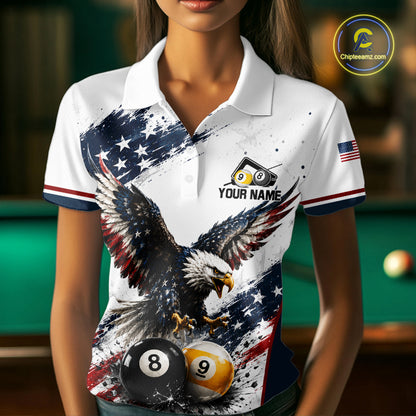 Female model wearing Vintage Eagle American Flag billiard polo shirt during pool tournament, personalized patriotic cue sports apparel, confidence, freedom, athletic lifestyle