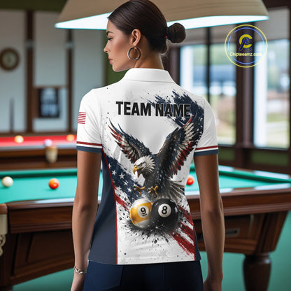 Female model wearing Vintage Eagle American Flag billiard polo shirt during pool tournament, personalized patriotic cue sports apparel, confidence, freedom, athletic lifestyle