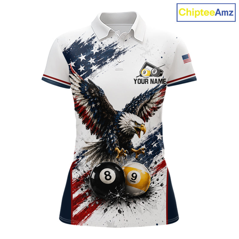 Custom Vintage Eagle 8 Ball & 9 Ball Women's Billiard Polo Shirt, American Flag Retro Pool Team Jersey, Personalized Patriotic Cue Sports Apparel, Freedom, Leadership & Victory