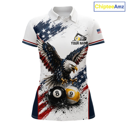 Custom Vintage Eagle 8 Ball & 9 Ball Women's Billiard Polo Shirt, American Flag Retro Pool Team Jersey, Personalized Patriotic Cue Sports Apparel, Freedom, Leadership & Victory