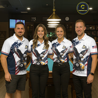 Billiard team wearing matching Vintage Eagle American Flag polo and quarter-zip jerseys, personalized patriotic league uniforms, teamwork, American pride, championship performance