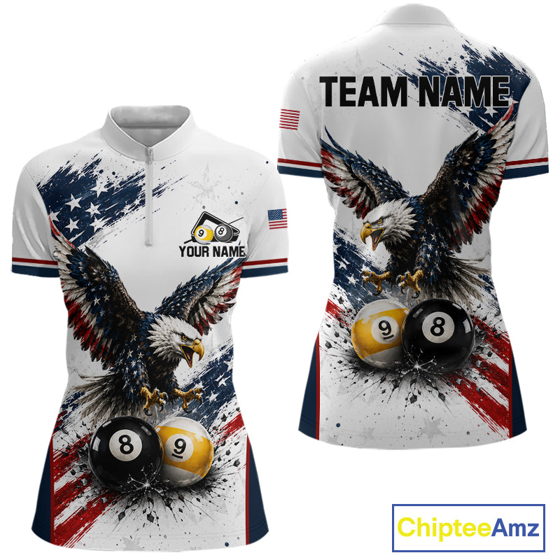 Vintage Eagle Women's Quarter-Zip Billiard Shirt, Personalized American Flag 8 Ball Tournament Jersey, Retro Athletic Cue Sports Apparel