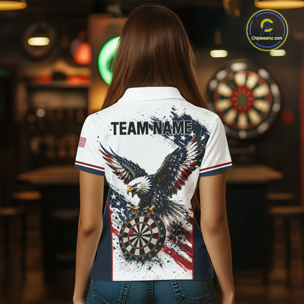 Female model wearing Vintage Eagle Grunge personalized darts polo shirt during patriotic tournament, retro eagle artwork, American pride, confidence, athletic lifestyle, competitive performance