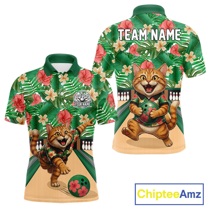 Funny Cat Green Tropical Flower Bowling Polo 1/4-Zip Shirts For Men Custom Bowling Team Jersey NYN4194