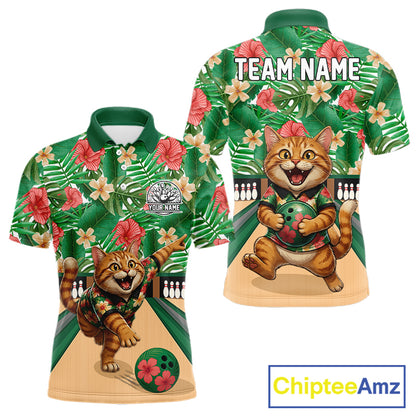 Funny Cat Green Tropical Flower Bowling Polo 1/4-Zip Shirts For Men Custom Bowling Team Jersey NYN4194