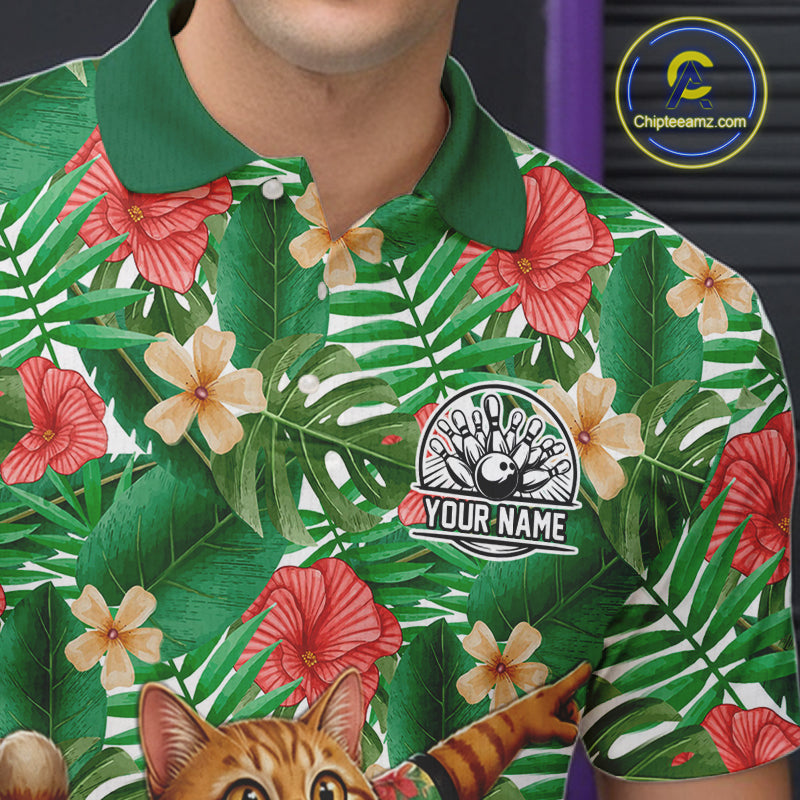 Funny Cat Green Tropical Flower Bowling Polo 1/4-Zip Shirts For Men Custom Bowling Team Jersey NYN4194