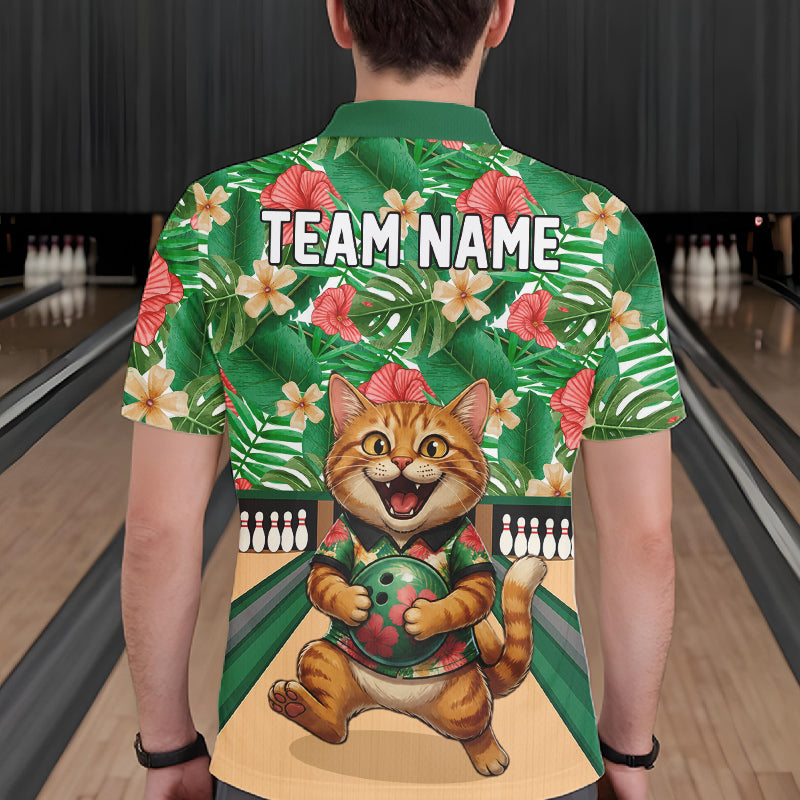 Funny Cat Green Tropical Flower Bowling Polo 1/4-Zip Shirts For Men Custom Bowling Team Jersey NYN4194