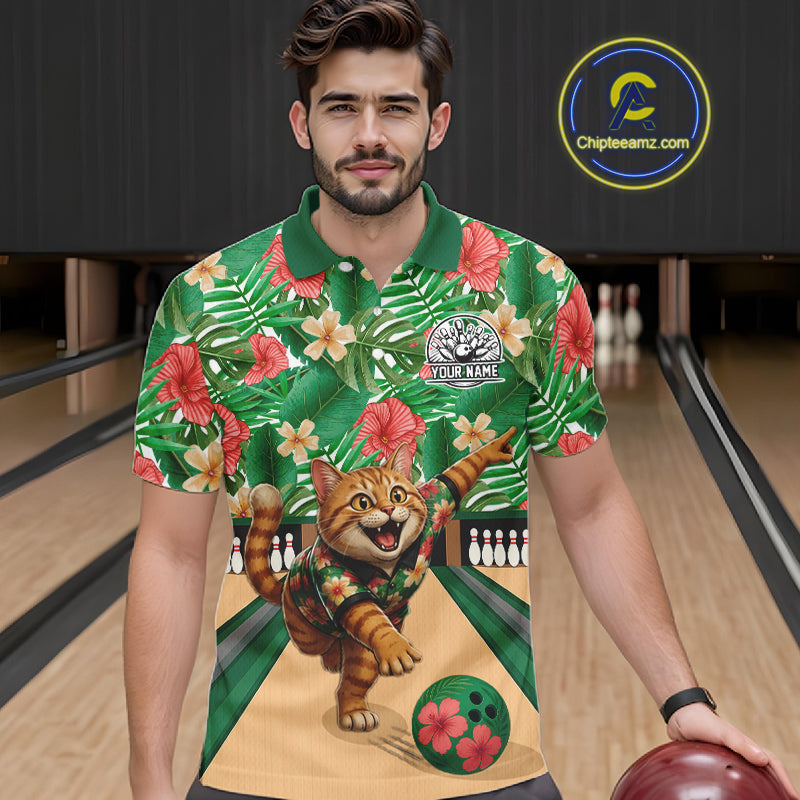 Funny Cat Green Tropical Flower Bowling Polo 1/4-Zip Shirts For Men Custom Bowling Team Jersey NYN4194