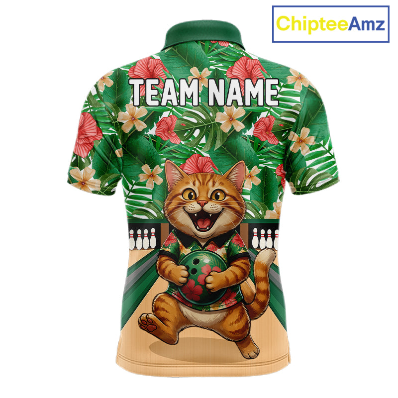 Funny Cat Green Tropical Flower Bowling Polo 1/4-Zip Shirts For Men Custom Bowling Team Jersey NYN4194