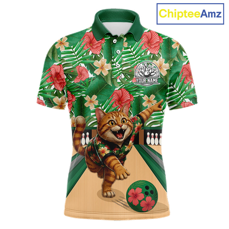 Funny Cat Green Tropical Flower Bowling Polo 1/4-Zip Shirts For Men Custom Bowling Team Jersey NYN4194