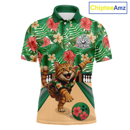 Funny Cat Green Tropical Flower Bowling Polo 1/4-Zip Shirts For Men Custom Bowling Team Jersey NYN4194