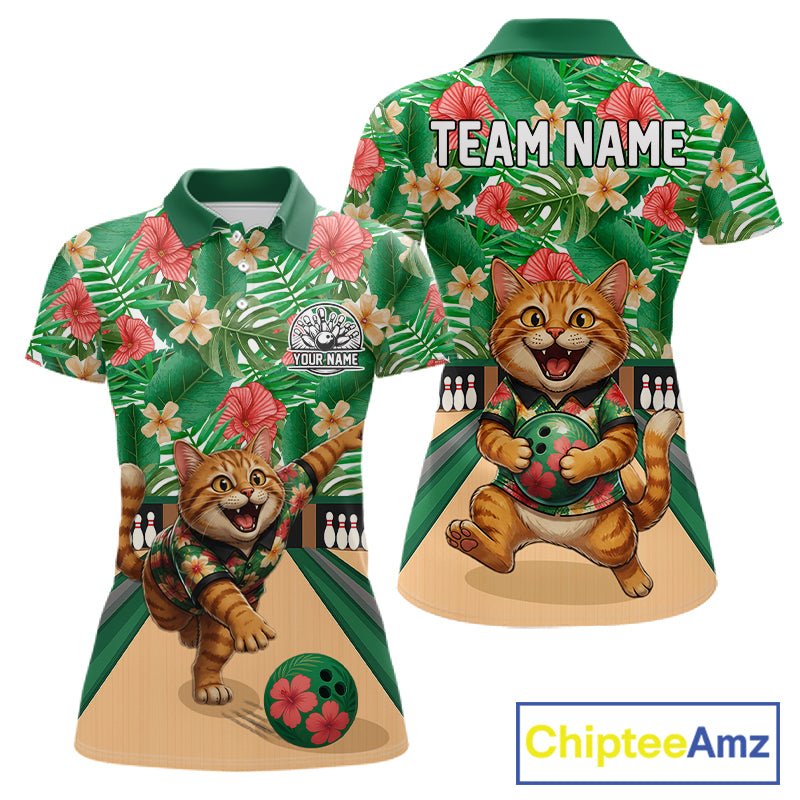 Funny Cat Green Tropical Flower Bowling Polo 1/4-Zip Shirts For Women Custom Bowling Team Jersey NYN4194