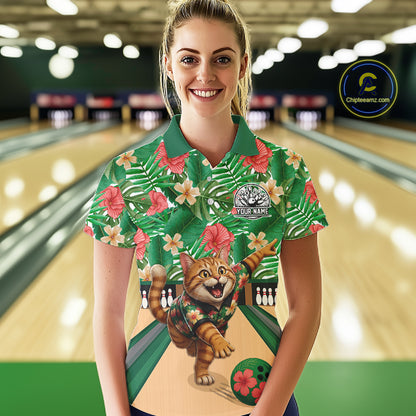 Funny Cat Green Tropical Flower Bowling Polo 1/4-Zip Shirts For Women Custom Bowling Team Jersey NYN4194