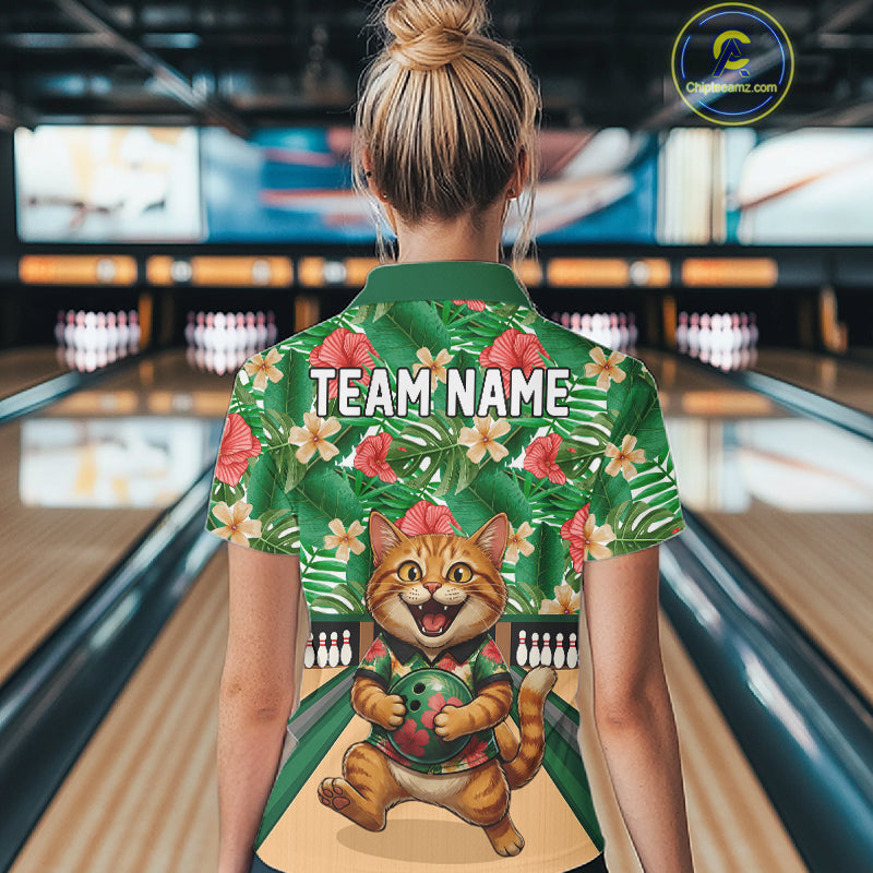 Funny Cat Green Tropical Flower Bowling Polo 1/4-Zip Shirts For Women Custom Bowling Team Jersey NYN4194