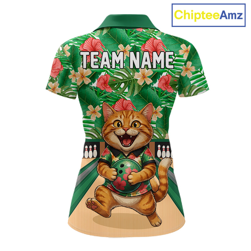 Funny Cat Green Tropical Flower Bowling Polo 1/4-Zip Shirts For Women Custom Bowling Team Jersey NYN4194