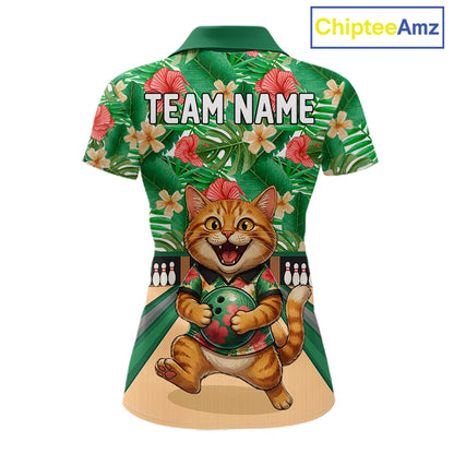 Funny Cat Green Tropical Flower Bowling Polo 1/4-Zip Shirts For Women Custom Bowling Team Jersey NYN4194