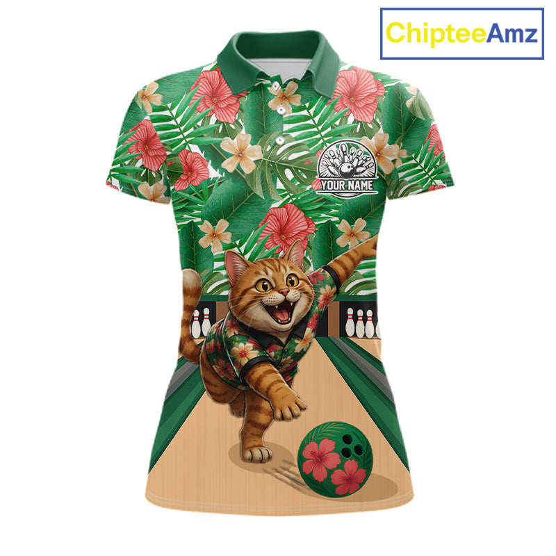 Funny Cat Green Tropical Flower Bowling Polo 1/4-Zip Shirts For Women Custom Bowling Team Jersey NYN4194
