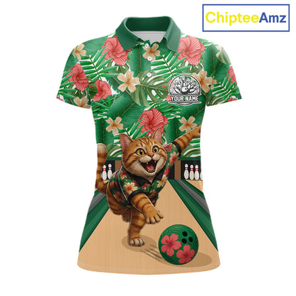 Funny Cat Green Tropical Flower Bowling Polo 1/4-Zip Shirts For Women Custom Bowling Team Jersey NYN4194