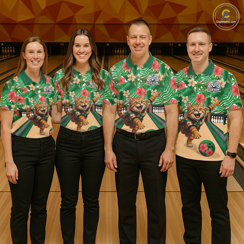 Funny Cat Green Tropical Flower Bowling Polo 1/4-Zip Shirts For Men Custom Bowling Team Jersey NYN4194
