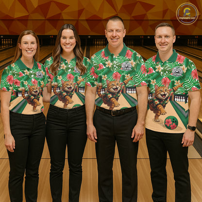 Funny Cat Green Tropical Flower Bowling Polo 1/4-Zip Shirts For Men Custom Bowling Team Jersey NYN4194
