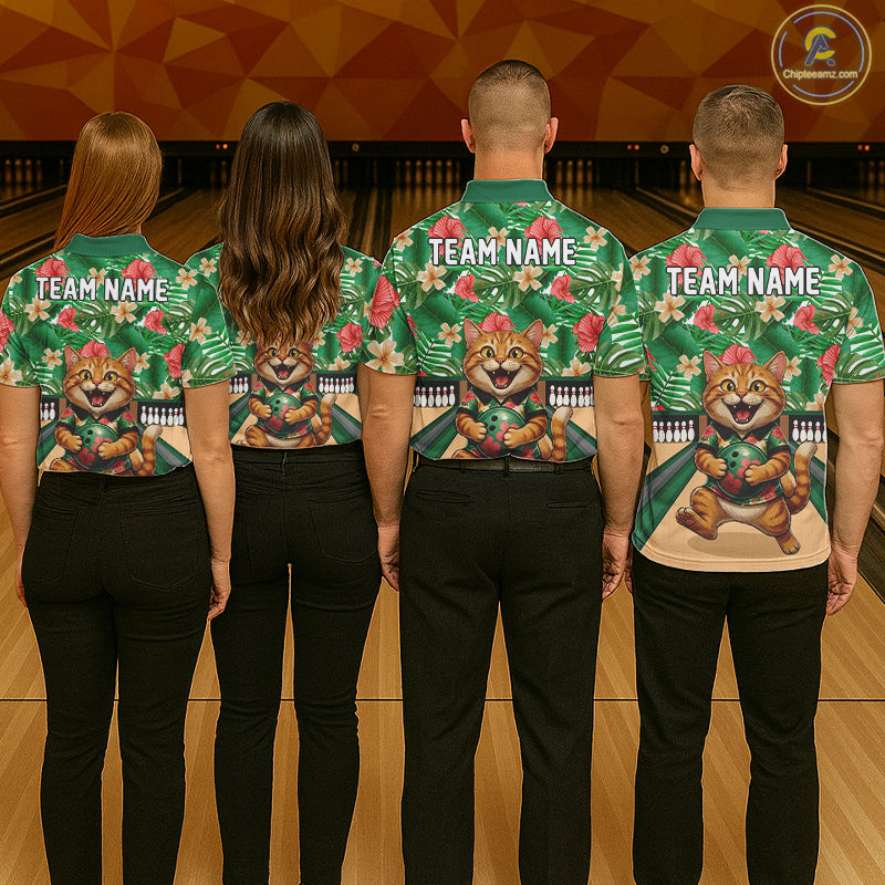 Funny Cat Green Tropical Flower Bowling Polo 1/4-Zip Shirts For Men Custom Bowling Team Jersey NYN4194