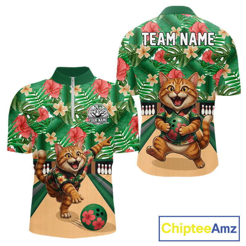 Funny Cat Green Tropical Flower Bowling Polo 1/4-Zip Shirts For Men Custom Bowling Team Jersey NYN4194