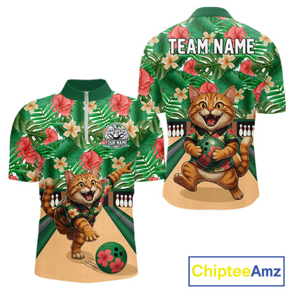 Funny Cat Green Tropical Flower Bowling Polo 1/4-Zip Shirts For Men Custom Bowling Team Jersey NYN4194