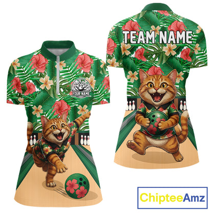 Funny Cat Green Tropical Flower Bowling Polo 1/4-Zip Shirts For Women Custom Bowling Team Jersey NYN4194