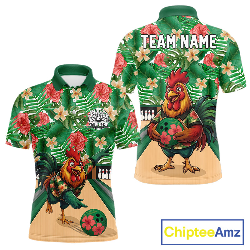 Funny Rooster Green Tropical Flower Bowling Polo 1/4-Zip Shirts For Men Custom Bowling Team Jersey NYN4195