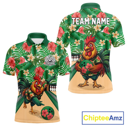 Funny Rooster Green Tropical Flower Bowling Polo 1/4-Zip Shirts For Men Custom Bowling Team Jersey NYN4195