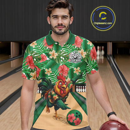 Funny Rooster Green Tropical Flower Bowling Polo 1/4-Zip Shirts For Men Custom Bowling Team Jersey NYN4195